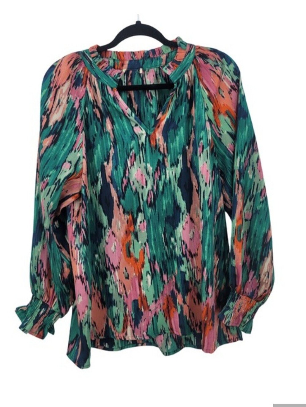 Vtg Colorful Abstract Ikat Watercolor High Ruffle V-Neck Blouse Green Pink Sz L